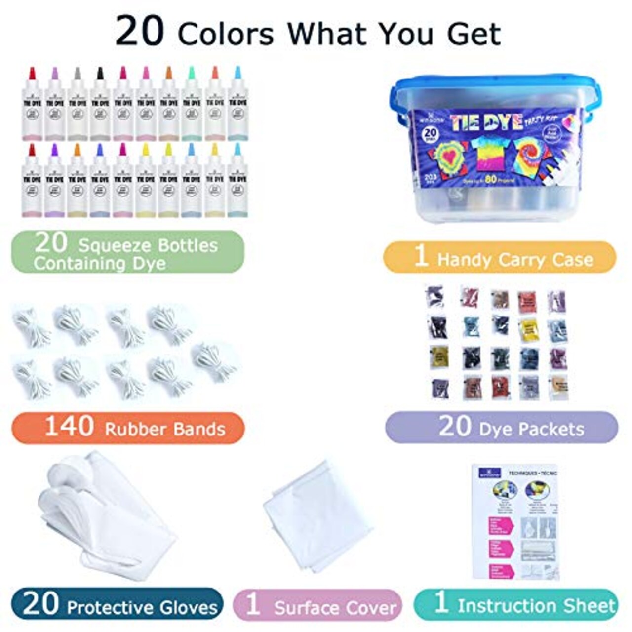 Tie Dye Kit 20 Colors Permanent Fabric Dye Art Set for Kids Adults for School, Homemade Party, Creative Groups Activities, DIY Gift
